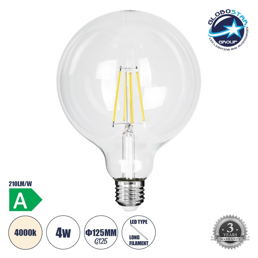 GLOBOSTAR® BUBBLE 99093 Λάμπα E27 G125 LED 4W 840lm 360° AC 220-240V IP20 Φυσικό Λευκό 4500K - Long Filament Chip - Διάφανο - Μ12.5 x Π12.5 x Υ13.8cm - 3 Χρόνια Εγγύηση